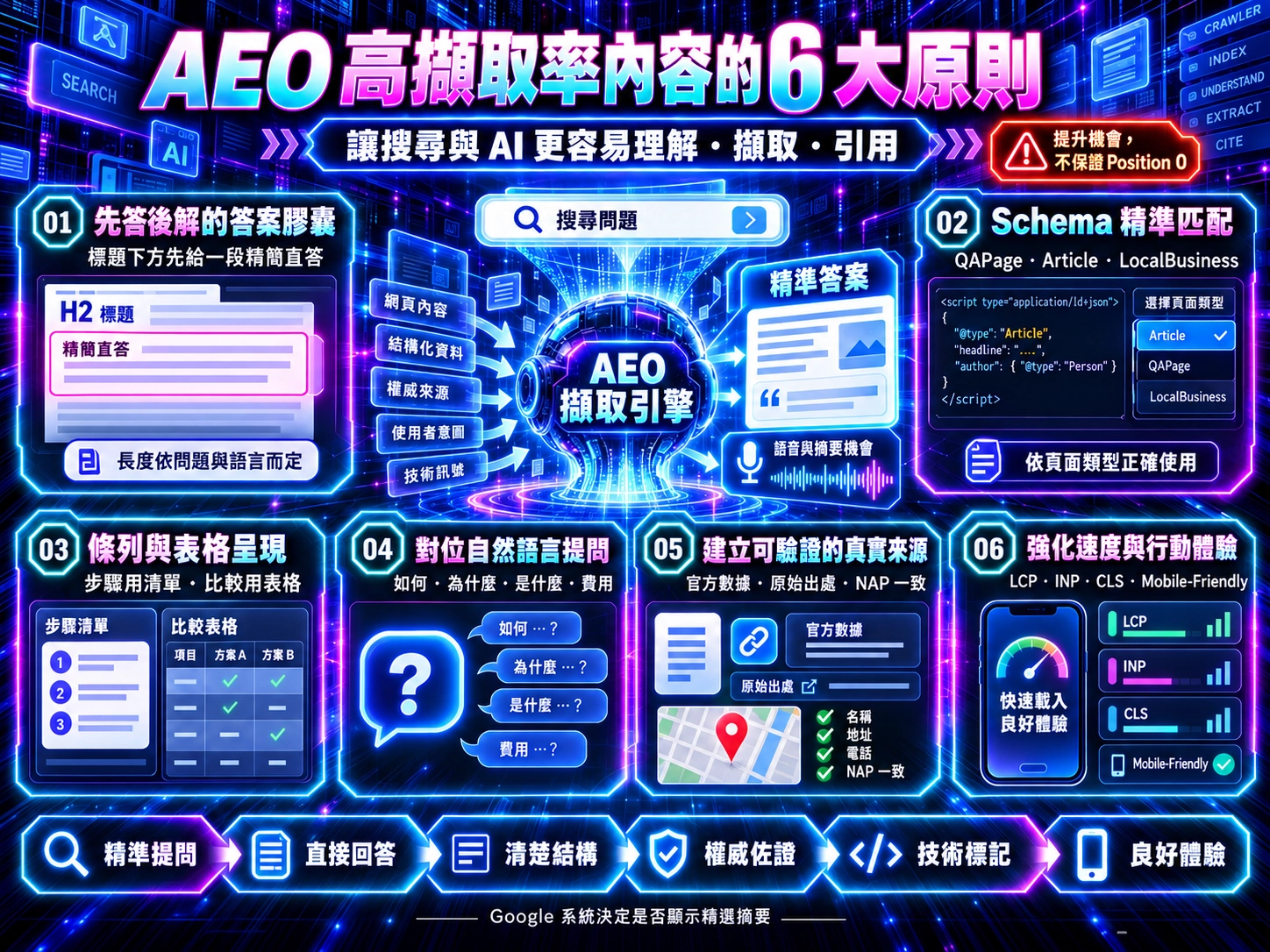 AEO高擷取率內容六大原則示意圖，說明答案膠囊、Schema匹配、條列表格、自然語言提問、權威來源與Core Web Vitals優化。