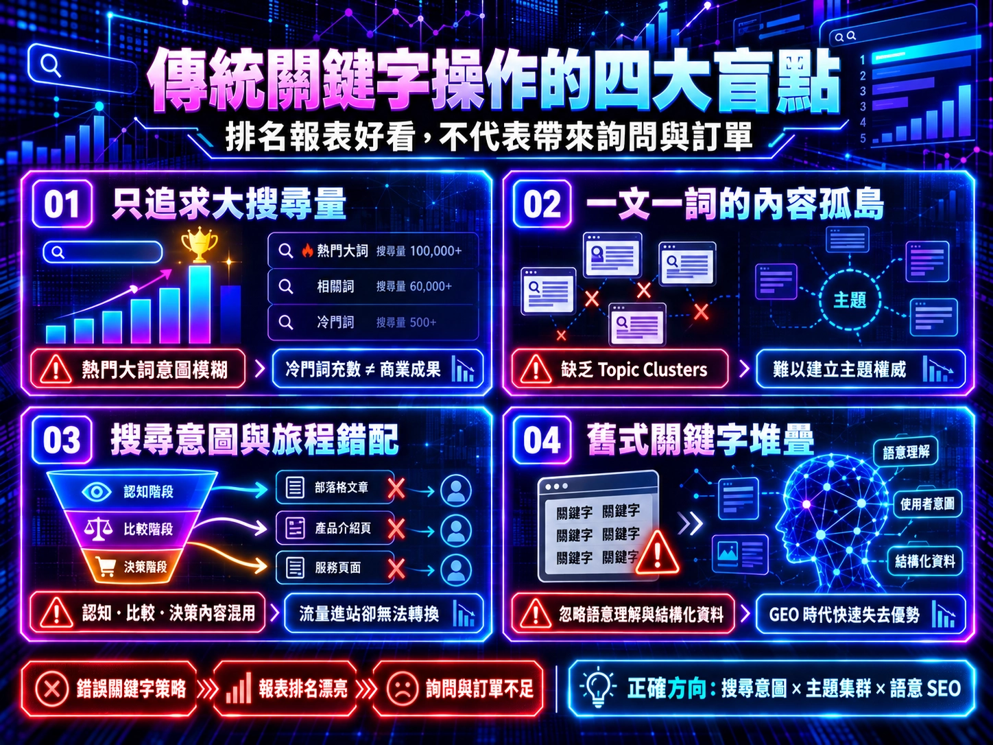 傳統行銷公司關鍵字操作四大盲點示意圖，解析只追求搜尋量、一文一詞、搜尋意圖錯配及舊式關鍵字堆疊問題。
